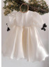 Puff Sleeves Ivory Organza Satin Latest Flower Girl Dress